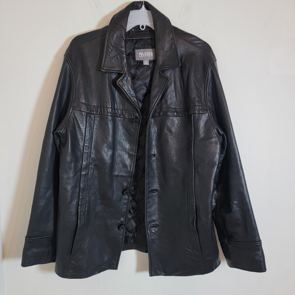 Wilsons Leather Black Leather Button Quilt Coat Jacket Medium Missing Button VTG